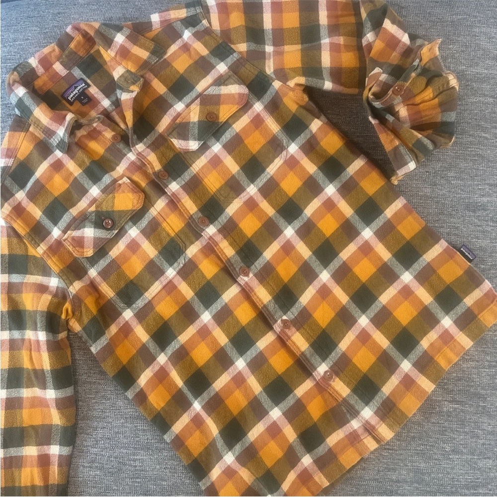 Patagonia Fjord Flannel Shirt Mens Plaid Organic Button Up Sz S Orange/Green